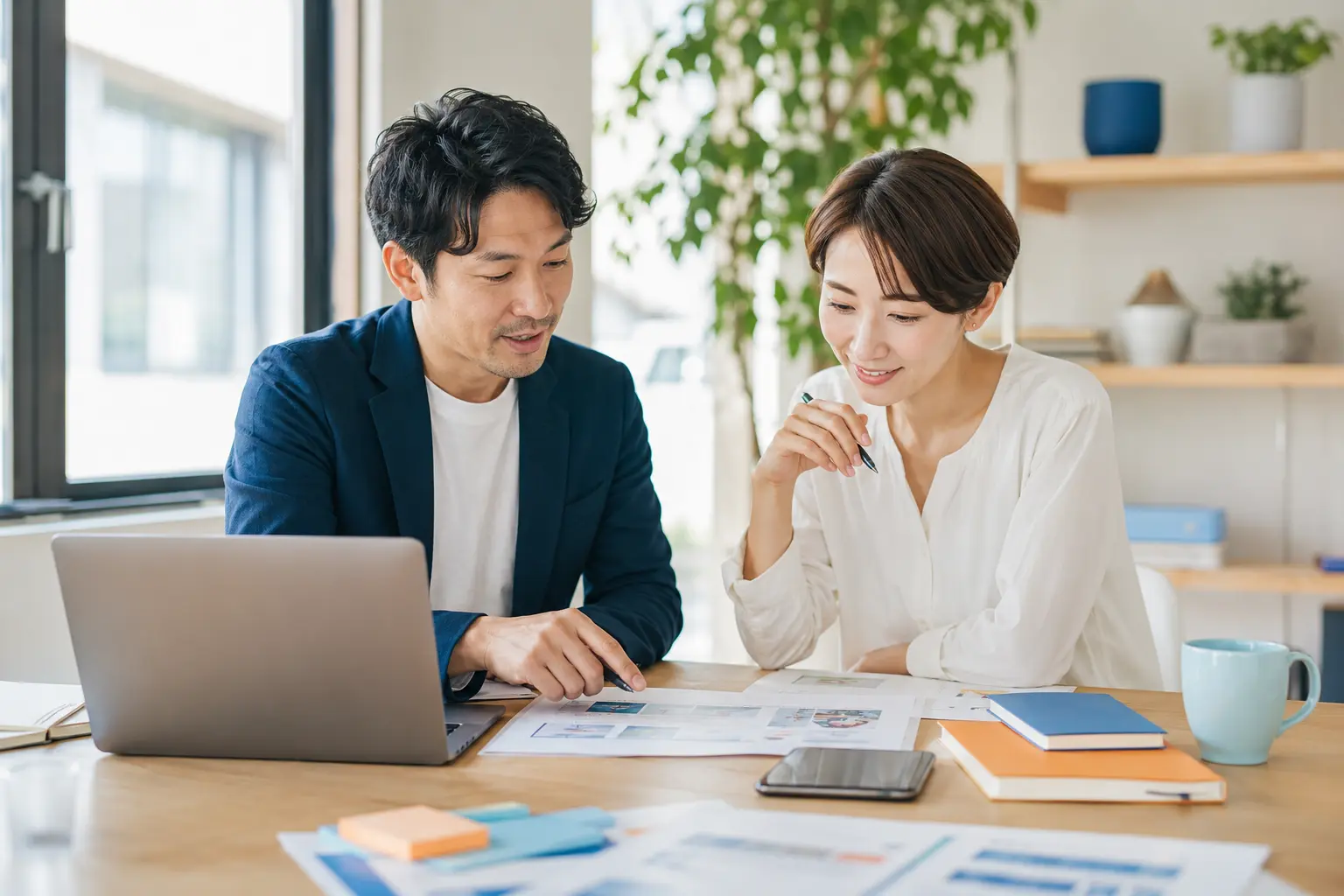 事業者とWeb制作者が資料を見ながら掲載情報を整理する様子